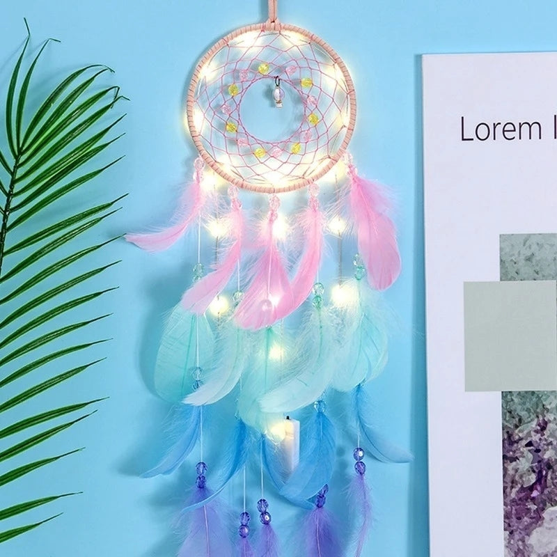 Handcrafted Feather Dream Catcher with lights pastel