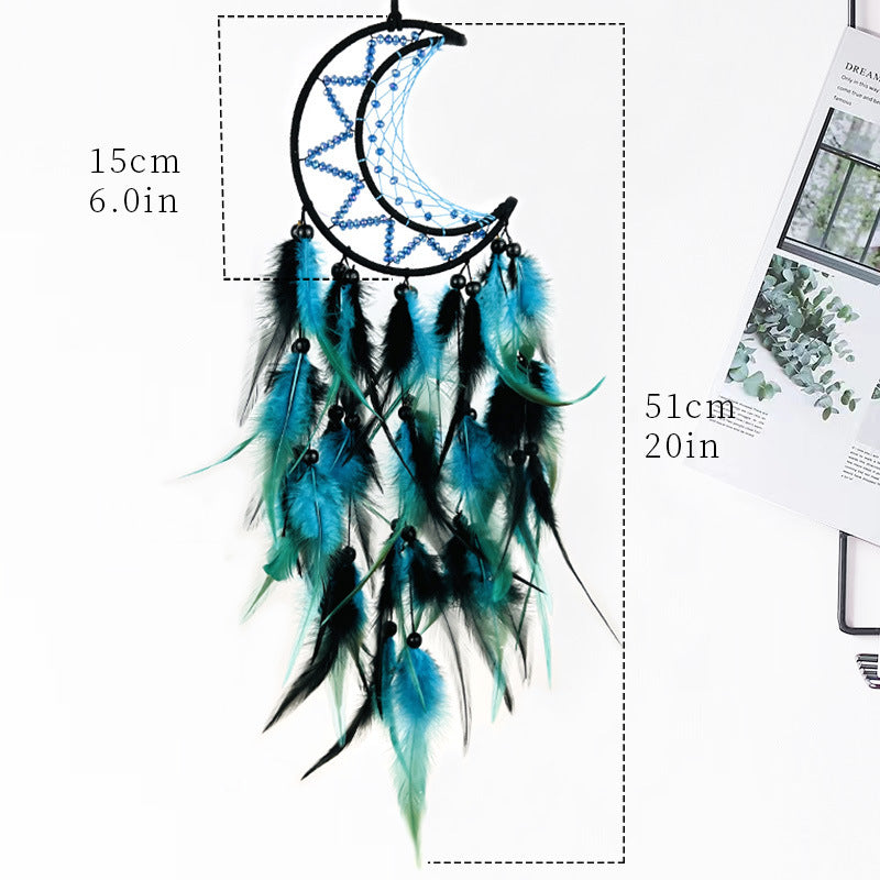 Handcrafted Feather Dream Catcher Crescent Moon Teal/Black
