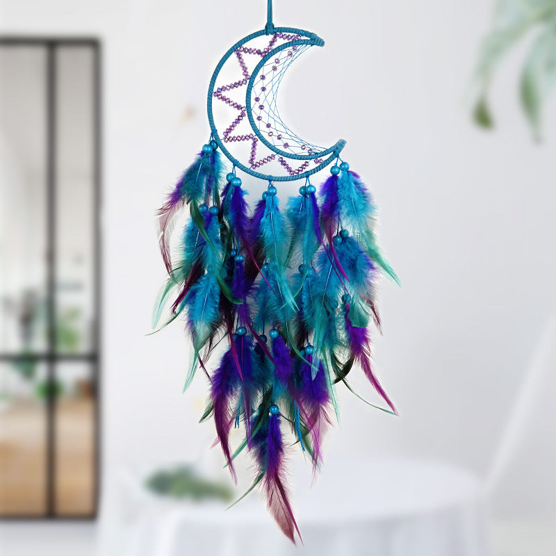 Handcrafted Feather Dream Catcher Crescent Moon Purple/Blue