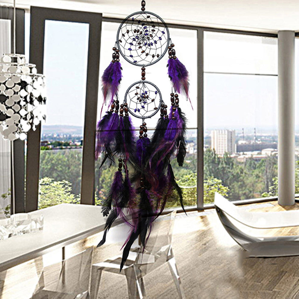Handcrafted Feather Dream Catcher Purple Black Grey