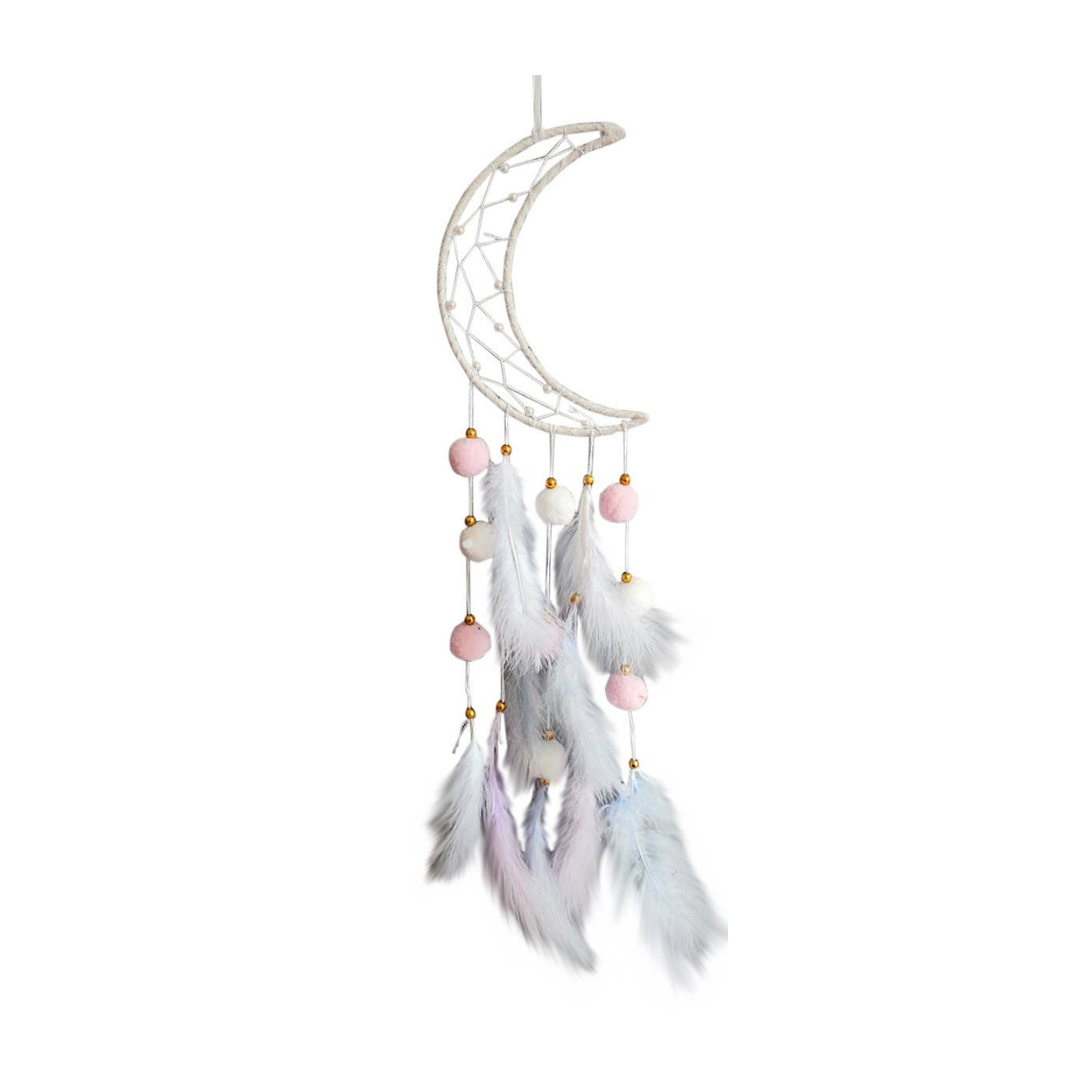 20cm Star/Moon Dream Catcher with Pom Poms 2 Asstd