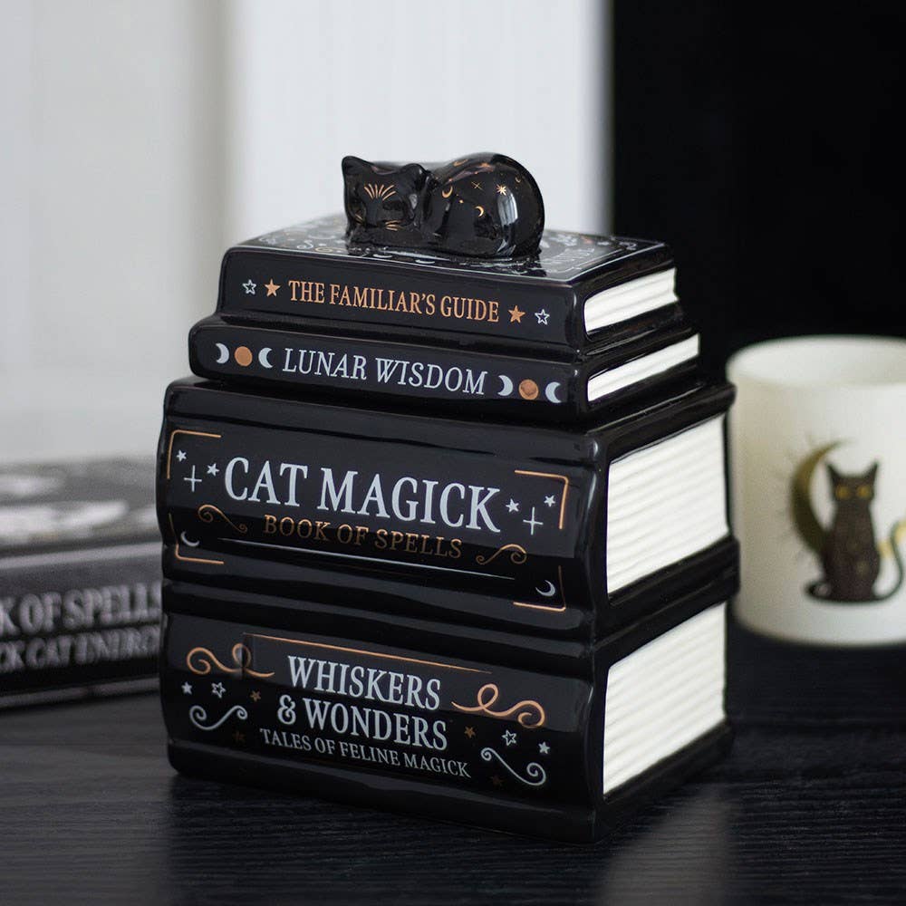 Black Cat Book Stack Oil Burner with Cat by Katatonic