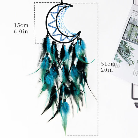 Handcrafted Feather Dream Catcher Crescent Moon Teal/Black