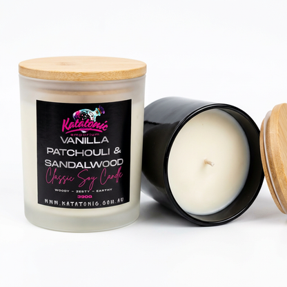 Vanilla Patchouli & Sandalwood Soy Candle Black Large
