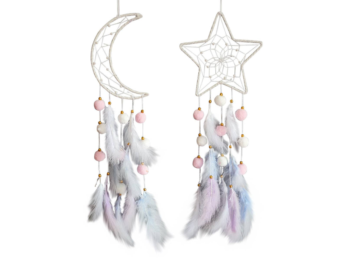 20cm Star/Moon Dream Catcher with Pom Poms 2 Asstd