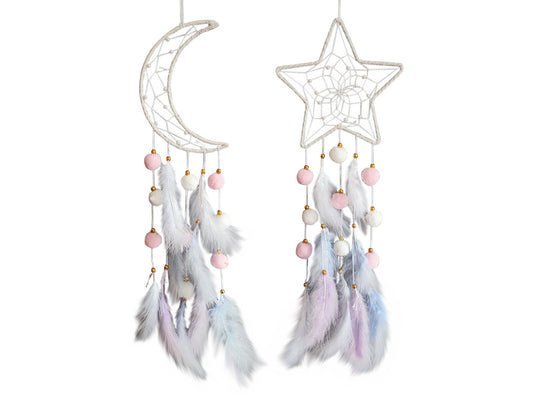 20cm Star/Moon Dream Catcher with Pom Poms 2 Asstd